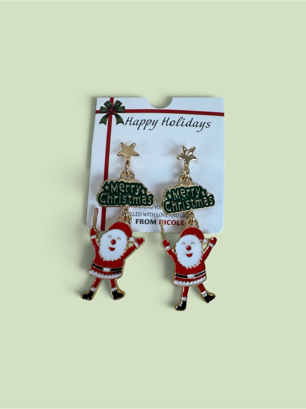 Holiday Santa Dangle Earrings - Red and Green Merry Christmas Design